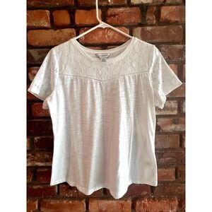 Women's White Lace Yoke Blouse Short Sleeve Top Size L Lightweight Casual